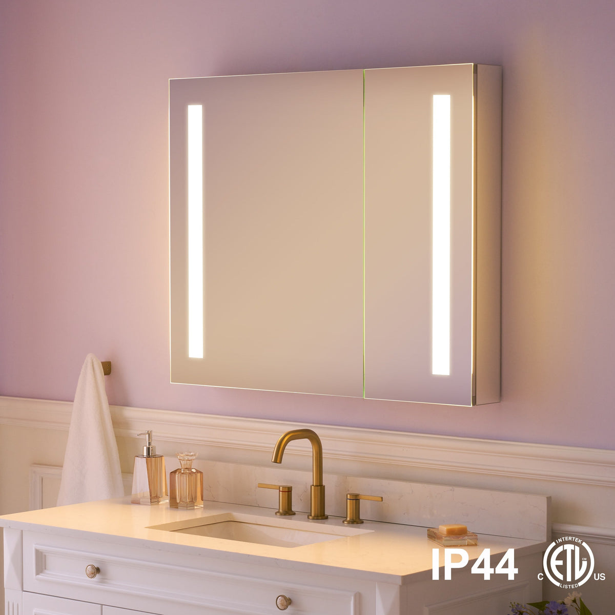 WELLFOR VICK 36-in x 30-in Lighted LED Fog Free Surface/Recessed Mount Silver Mirrored Soft Close Medicine Cabinet with Outlet