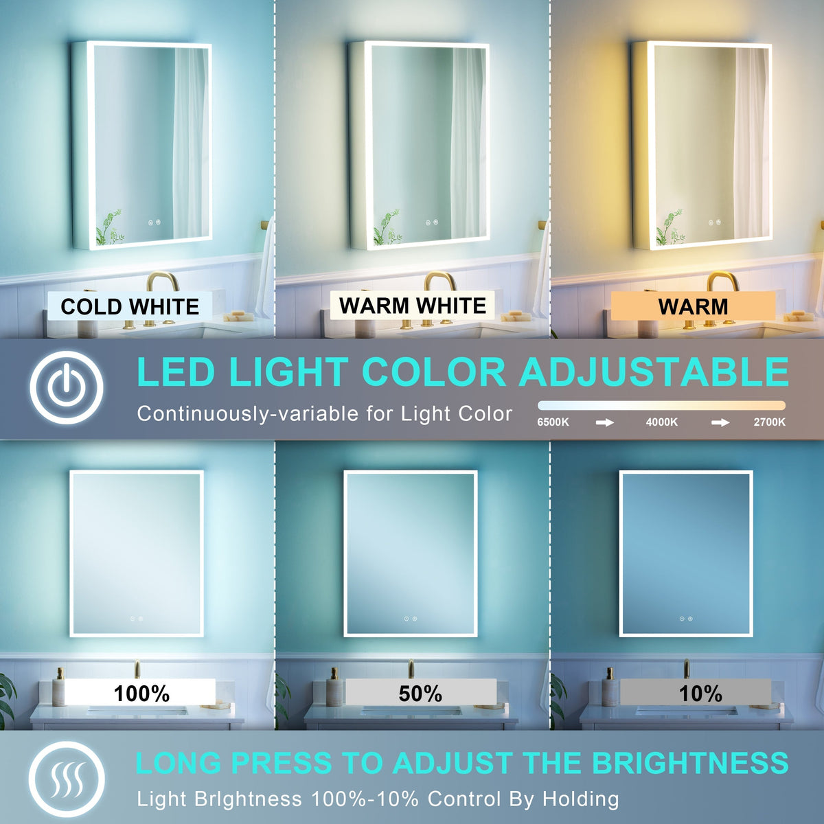 WELLFOR ELIN 24-in x 30-in Lighted LED Fog Free Surface/Recessed Mount Silver Mirrored Soft Close Medicine Cabinet with Outlet