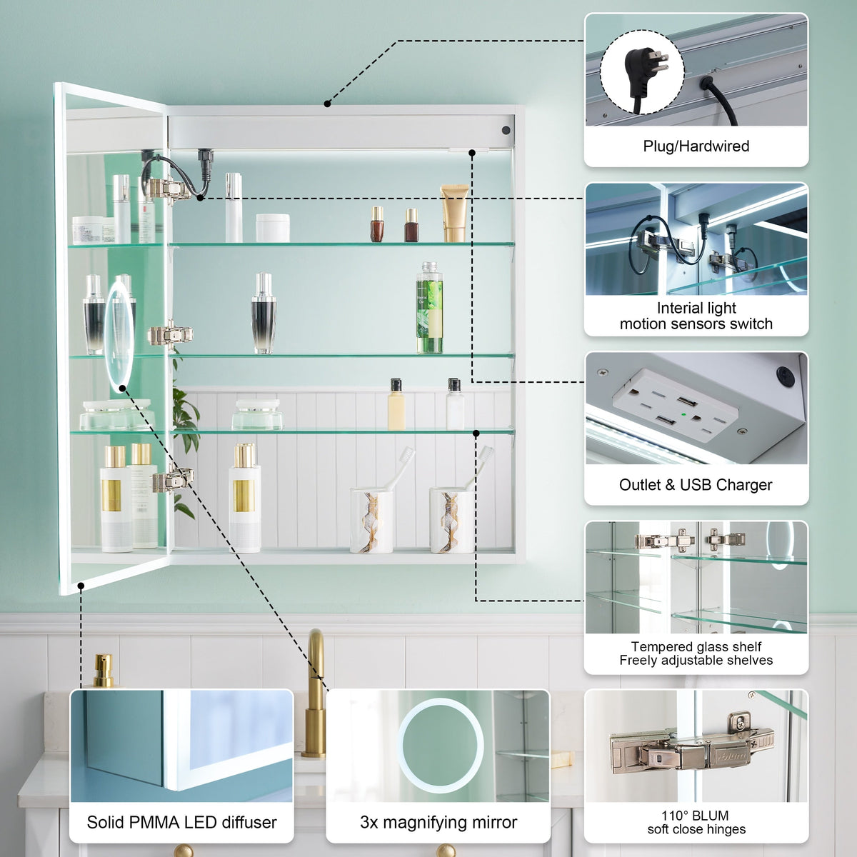 WELLFOR ELIN 24-in x 30-in Lighted LED Fog Free Surface/Recessed Mount Silver Mirrored Soft Close Medicine Cabinet with Outlet