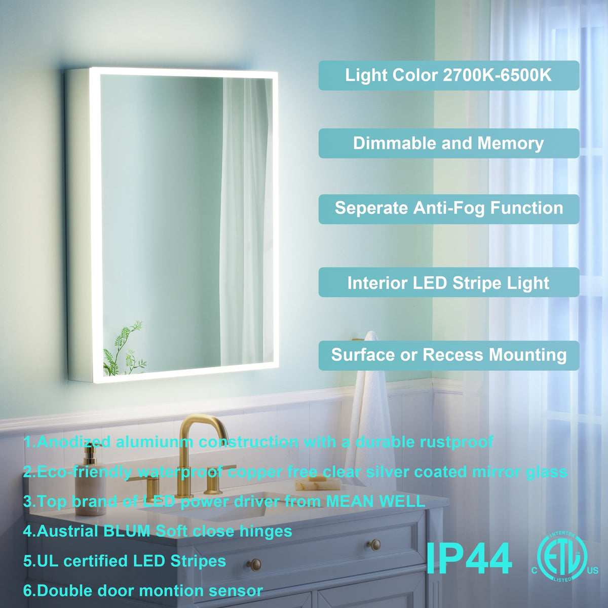 WELLFOR ELIN 24-in x 30-in Lighted LED Fog Free Surface/Recessed Mount Silver Mirrored Soft Close Medicine Cabinet with Outlet