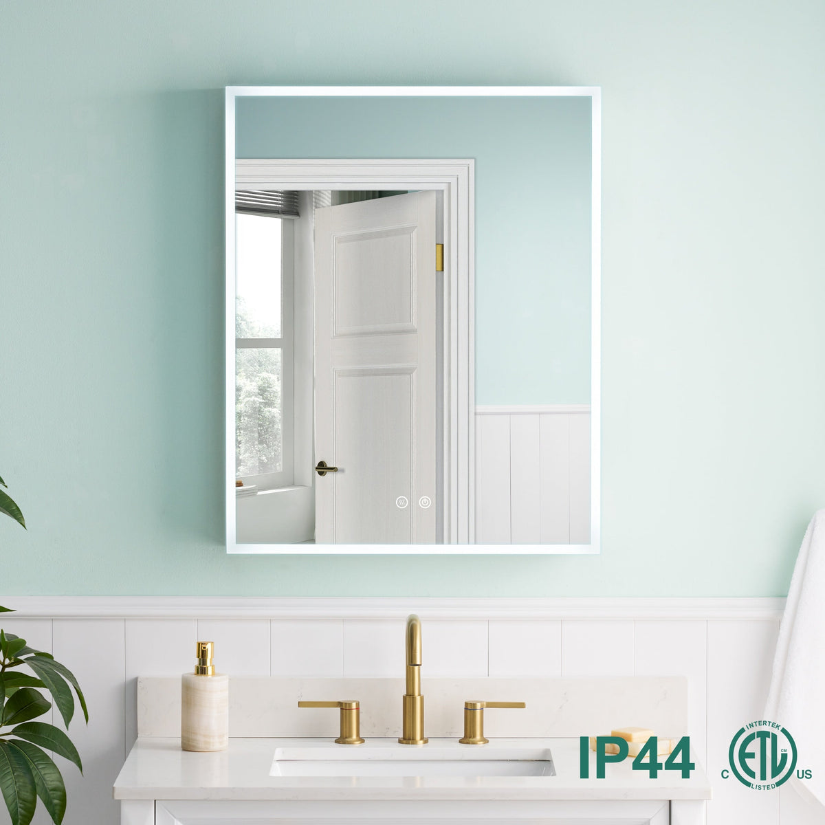 WELLFOR ELIN 24-in x 30-in Lighted LED Fog Free Surface/Recessed Mount Silver Mirrored Soft Close Medicine Cabinet with Outlet