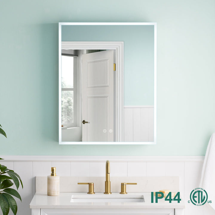 WELLFOR ELIN 24-in x 30-in Lighted LED Fog Free Surface/Recessed Mount Silver Mirrored Soft Close Medicine Cabinet with Outlet
