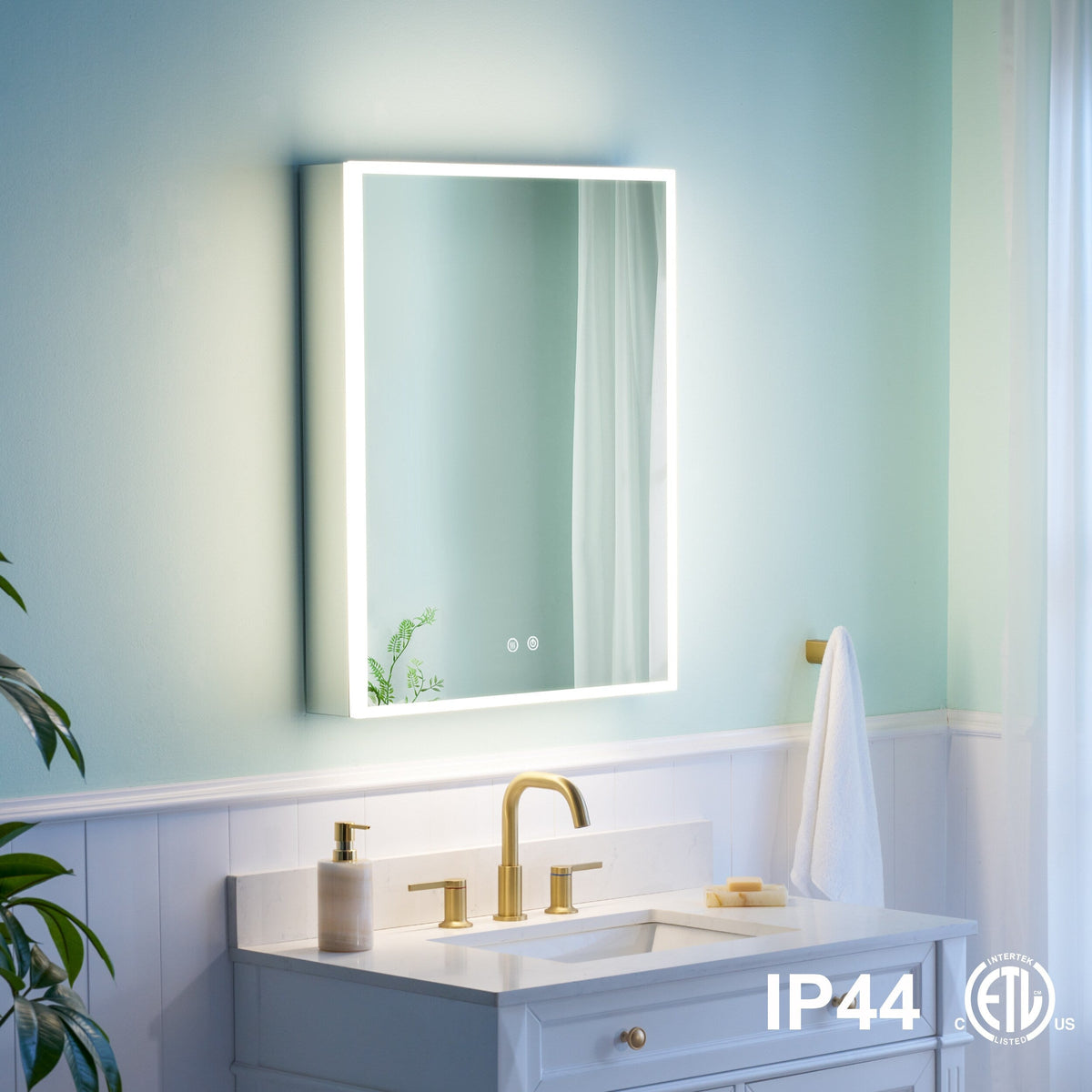 WELLFOR ELIN 24-in x 30-in Lighted LED Fog Free Surface/Recessed Mount Silver Mirrored Soft Close Medicine Cabinet with Outlet