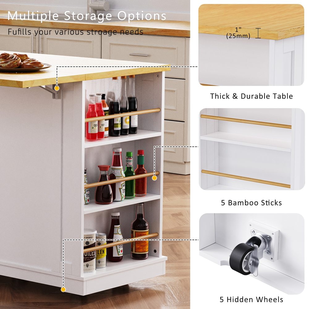 Runesay White Mdf Base with Mdf Wood Top Rolling Kitchen Island (29.52-in x 53.14-in x 36.4-in)