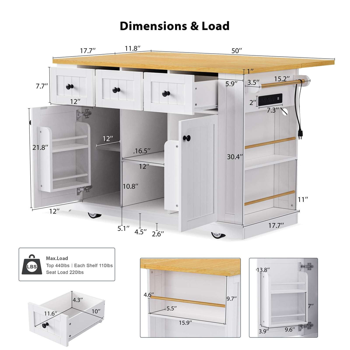 Runesay White Mdf Base with Mdf Wood Top Rolling Kitchen Island (29.52-in x 53.14-in x 36.4-in)