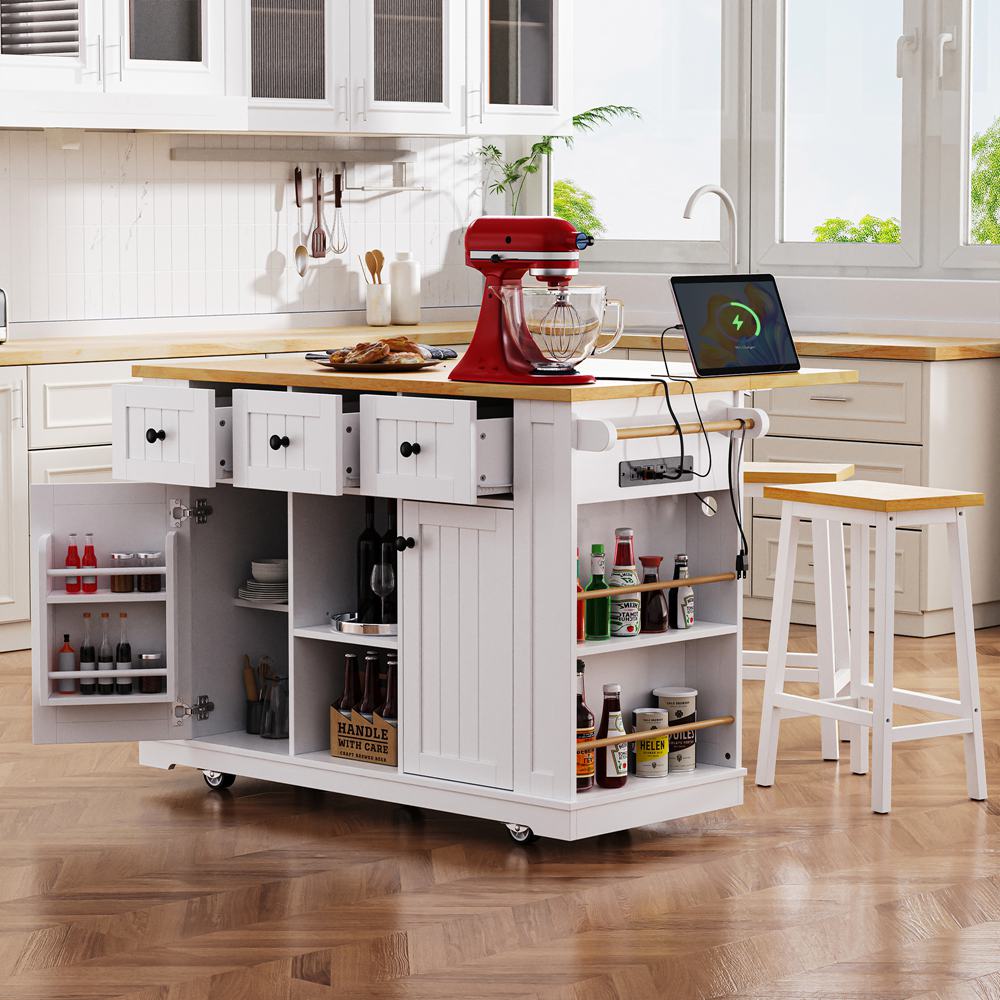 Runesay White Mdf Base with Mdf Wood Top Rolling Kitchen Island (29.52-in x 53.14-in x 36.4-in)