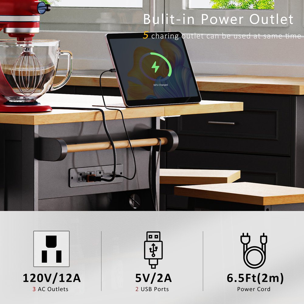 Runesay Black Mdf Base with Mdf Wood Top Rolling Kitchen Island (29.52-in x 53.14-in x 36.4-in)