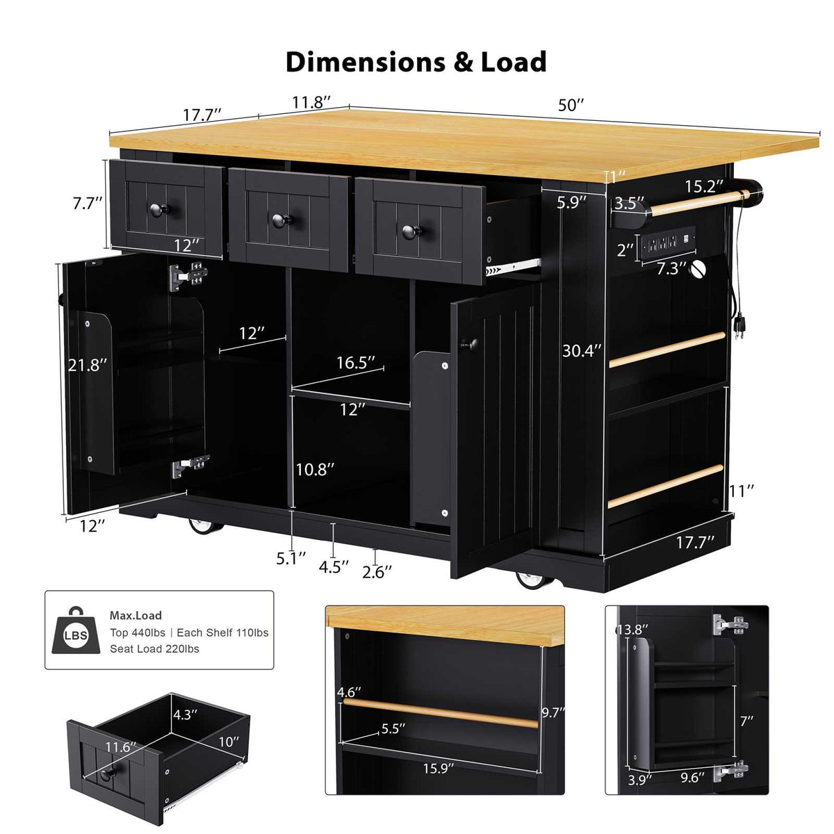 Runesay Black Mdf Base with Mdf Wood Top Rolling Kitchen Island (29.52-in x 53.14-in x 36.4-in)