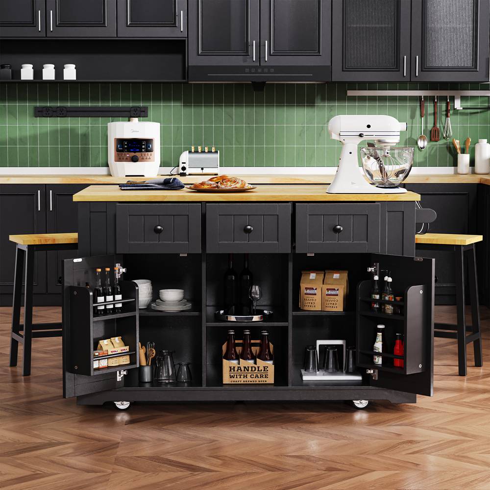 Runesay Black Mdf Base with Mdf Wood Top Rolling Kitchen Island (29.52-in x 53.14-in x 36.4-in)