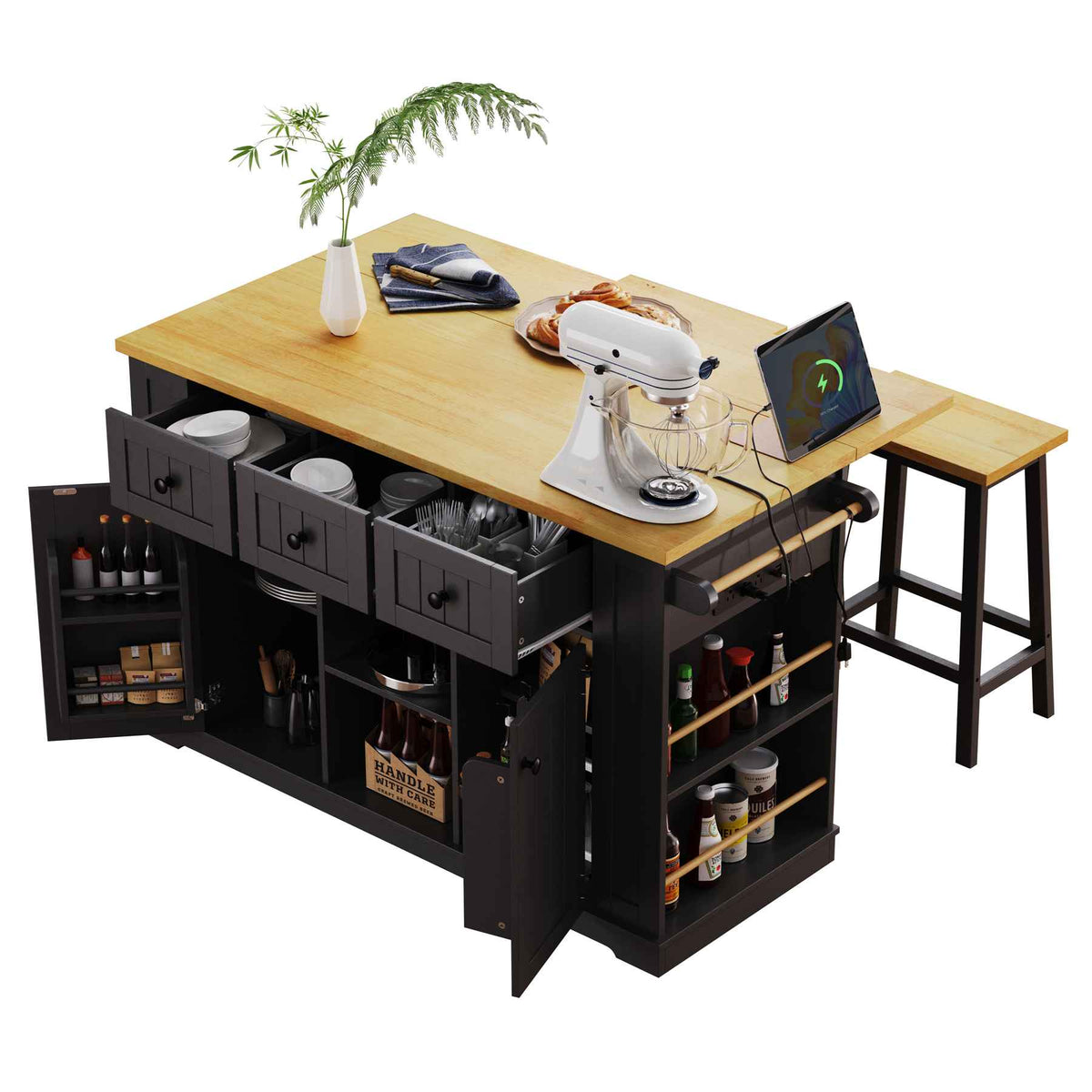 Runesay Black Mdf Base with Mdf Wood Top Rolling Kitchen Island (29.52-in x 53.14-in x 36.4-in)