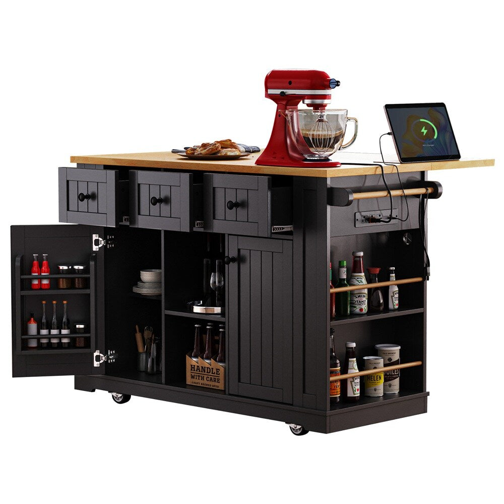 Runesay Black Mdf Base with Mdf Wood Top Rolling Kitchen Island (29.52-in x 53.14-in x 36.4-in)