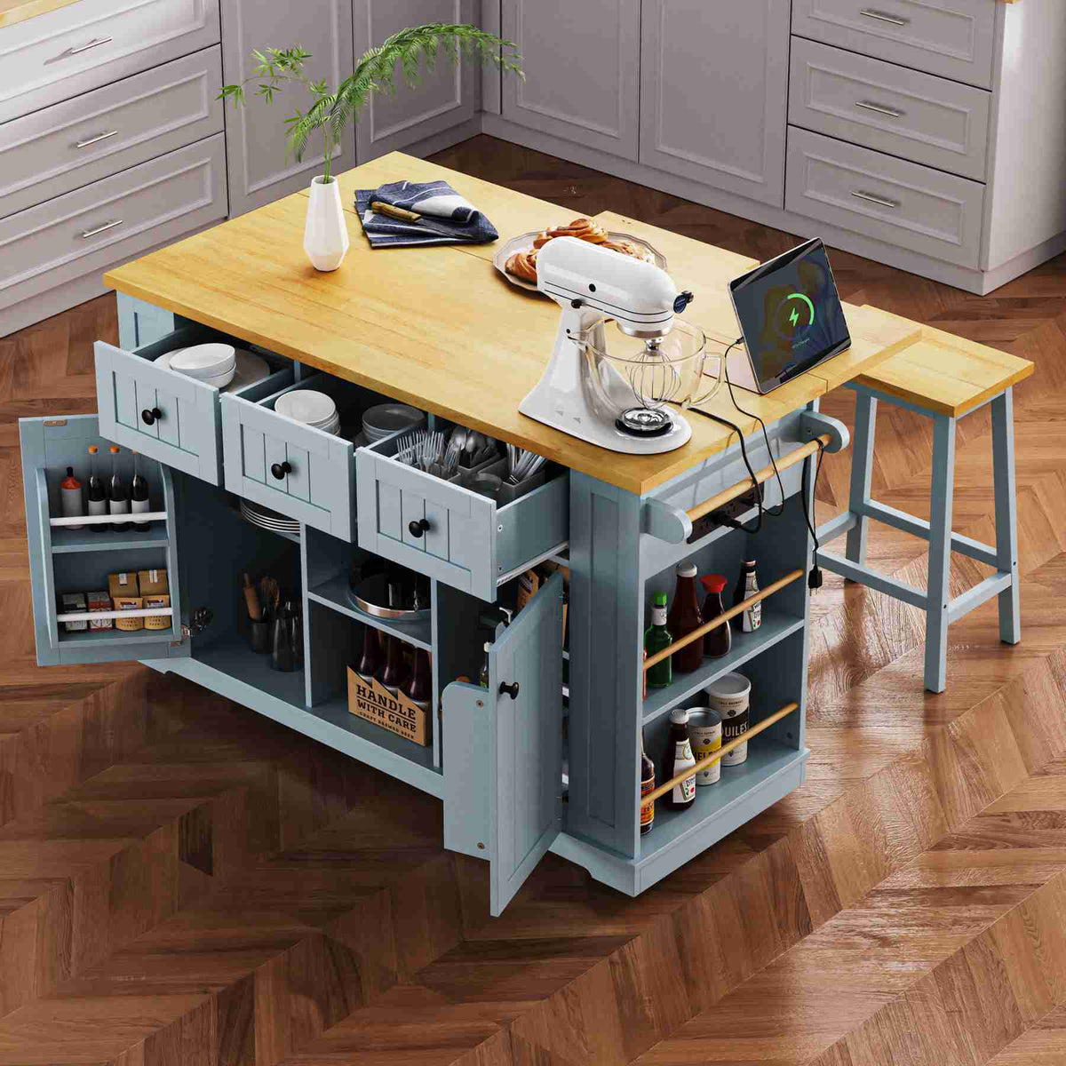 Runesay Gray Mdf Base with Mdf Wood Top Rolling Kitchen Island (29.52-in x 53.14-in x 36.4-in)