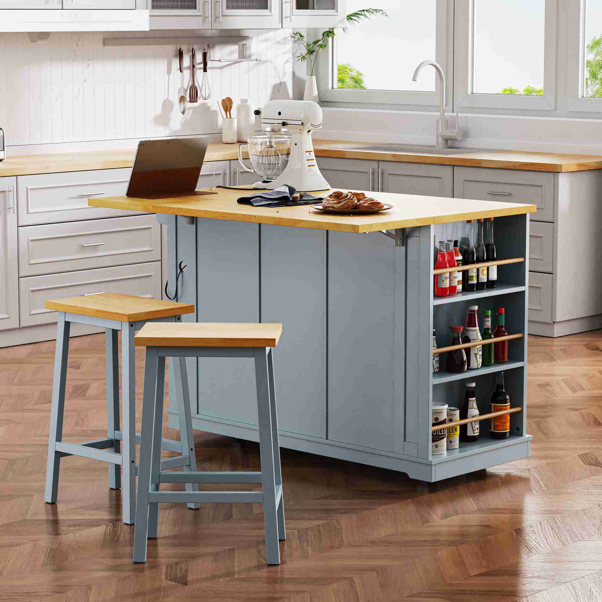 Runesay Gray Mdf Base with Mdf Wood Top Rolling Kitchen Island (29.52-in x 53.14-in x 36.4-in)