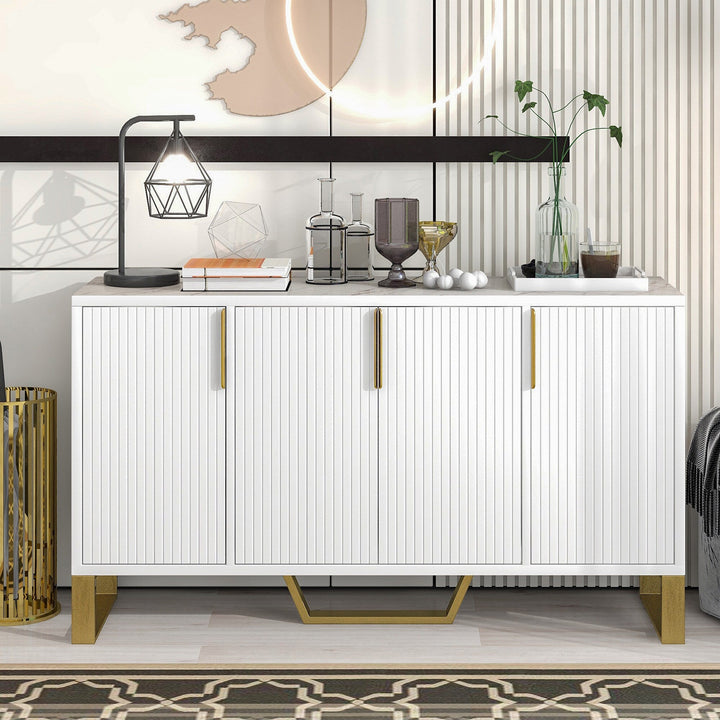 JIMSMAISON The pinstripe design on the door panel is elegant and understated, and the gold metal legs reflect the texture, the design of this cabinet combines the features of modern simplicity and light luxury