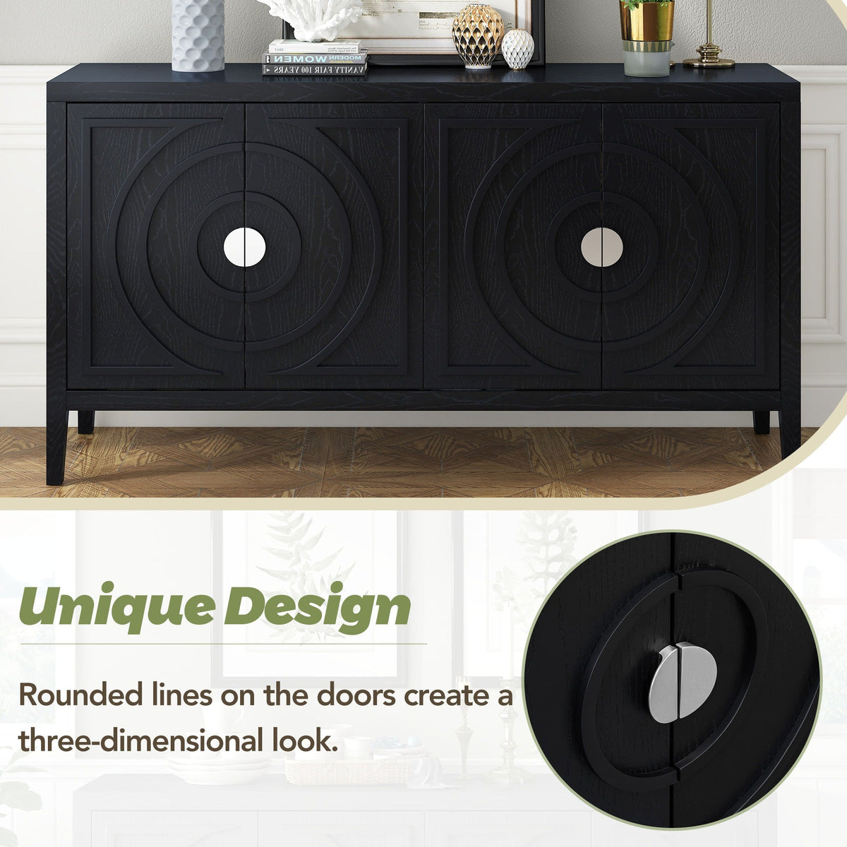 JIMSMAISON This retro sideboard has four doors with rounded lines on the doors to create a three-dimensional look, the country-style cabinet adds a warm atmosphere to your home
