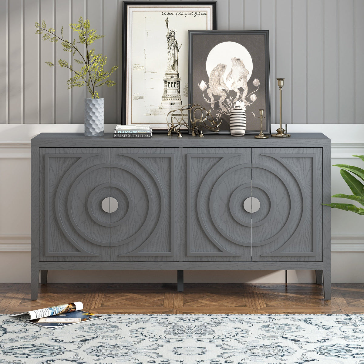 JIMSMAISON This retro sideboard has four doors with rounded lines on the doors to create a three-dimensional look, the country-style cabinet adds a warm atmosphere to your home