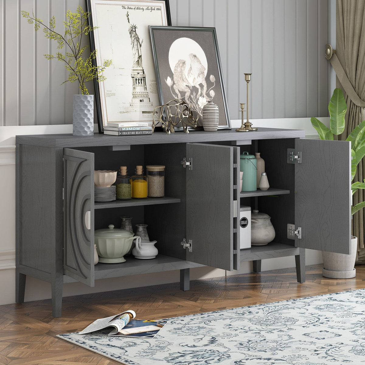 JIMSMAISON This retro sideboard has four doors with rounded lines on the doors to create a three-dimensional look, the country-style cabinet adds a warm atmosphere to your home