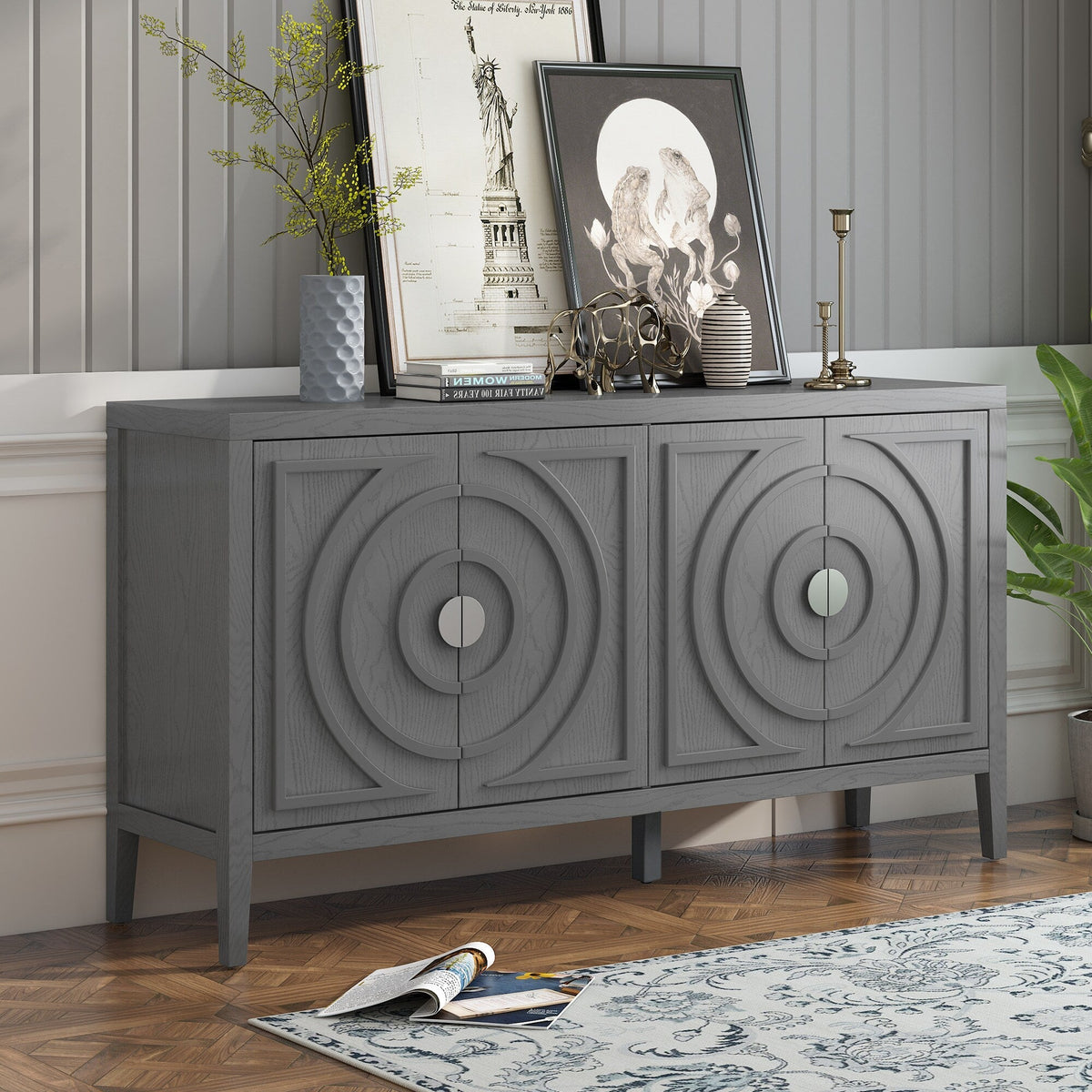 JIMSMAISON This retro sideboard has four doors with rounded lines on the doors to create a three-dimensional look, the country-style cabinet adds a warm atmosphere to your home