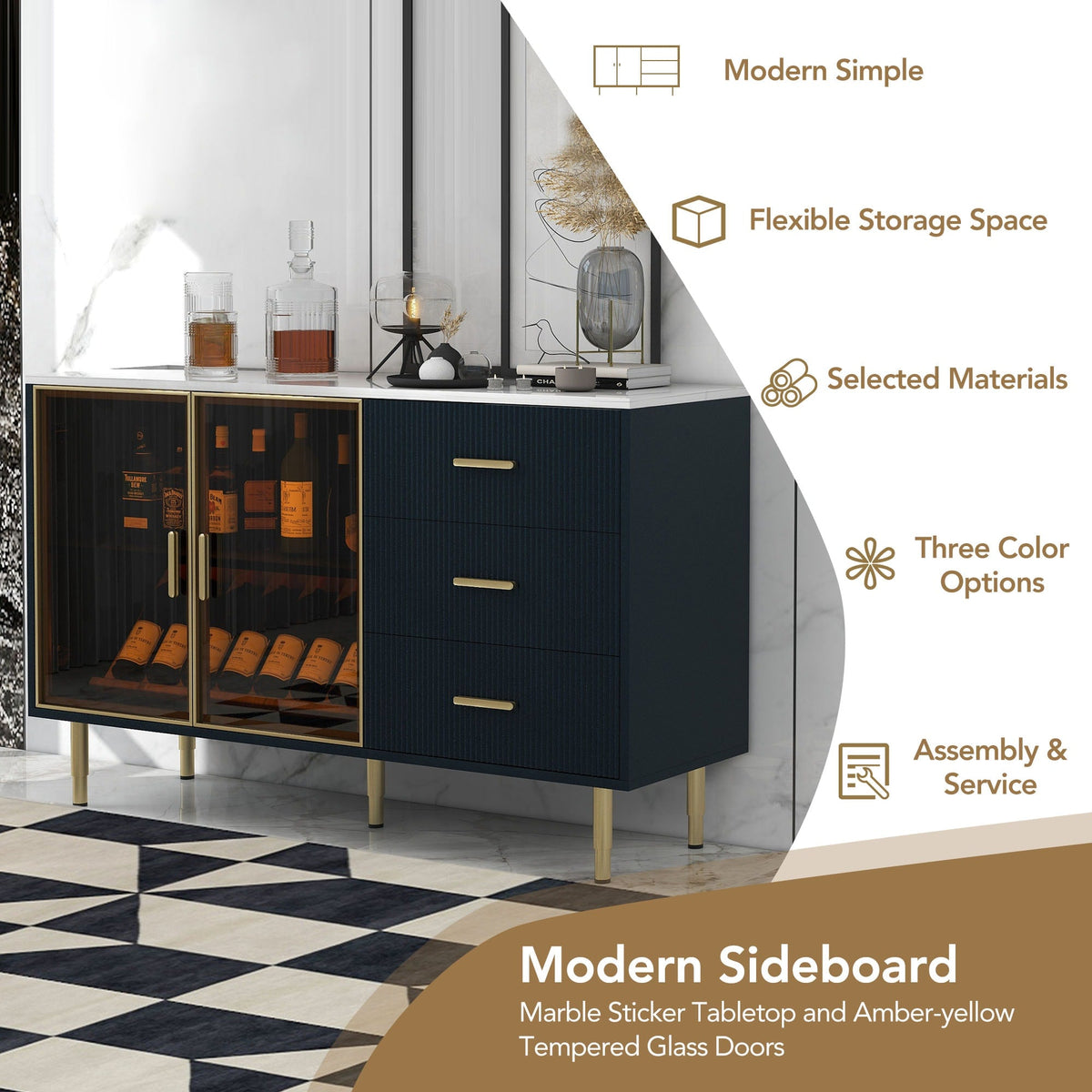 JIMSMAISON The amber-yellow glass doors and marble sticker tabletop are elegant and understated, and the gold metal legs reflect the texture, the design of this cabinet combines the features of modern simplicity and light luxury