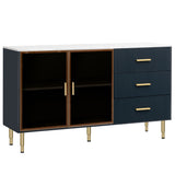 JIMSMAISON The amber-yellow glass doors and marble sticker tabletop are elegant and understated, and the gold metal legs reflect the texture, the design of this cabinet combines the features of modern simplicity and light luxury