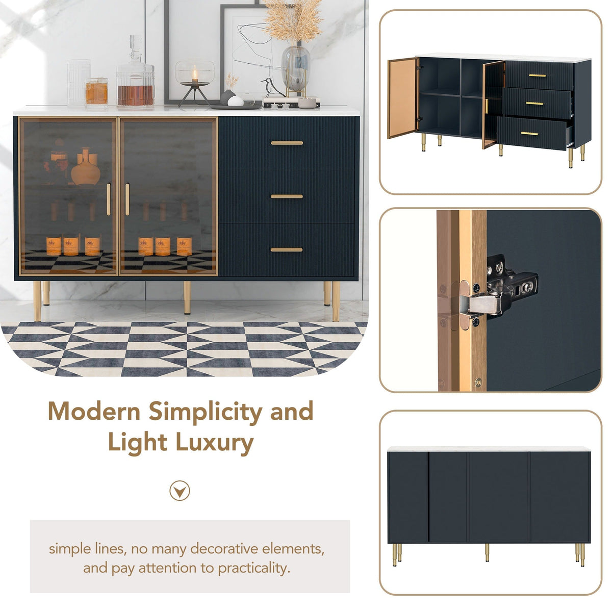 JIMSMAISON The amber-yellow glass doors and marble sticker tabletop are elegant and understated, and the gold metal legs reflect the texture, the design of this cabinet combines the features of modern simplicity and light luxury
