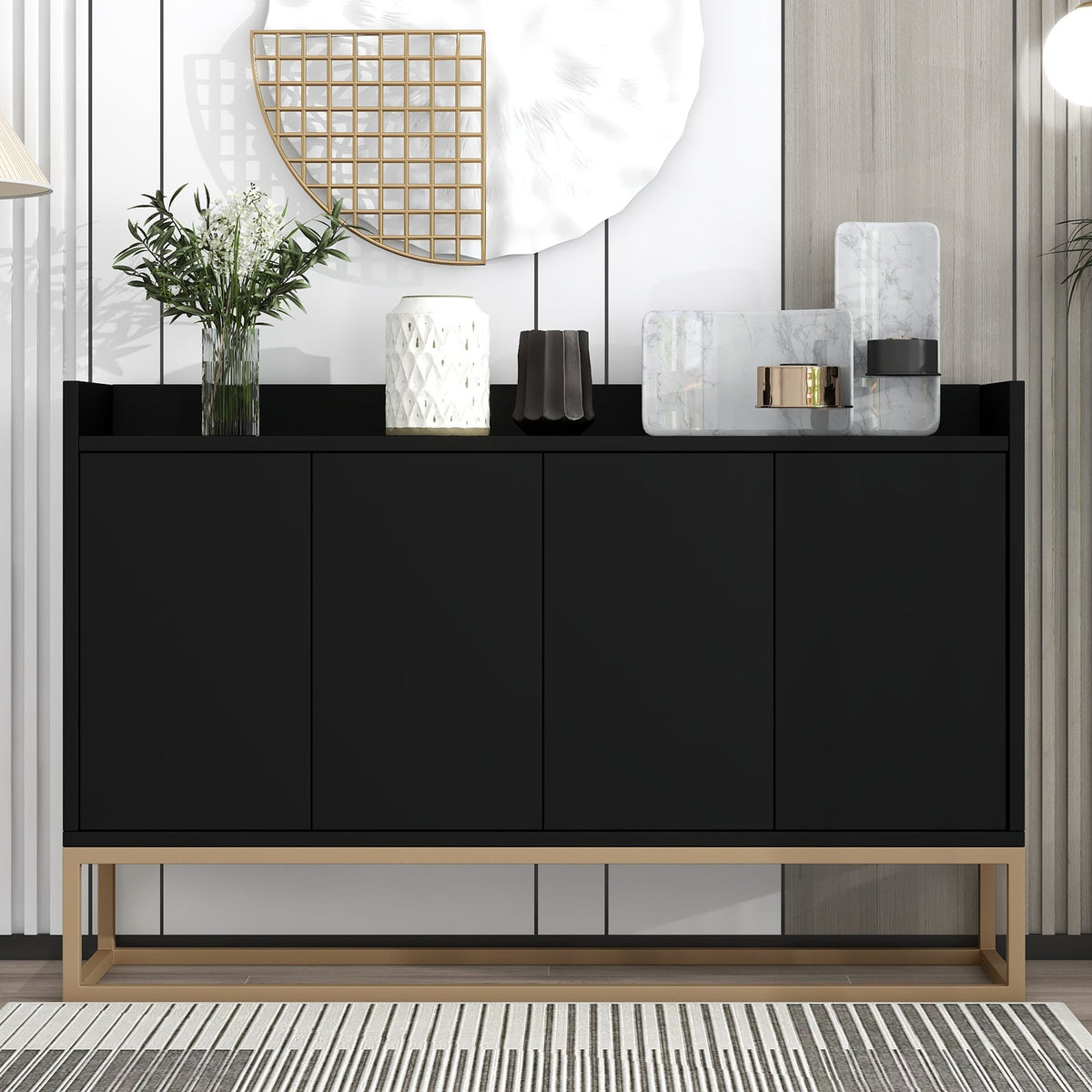 JIMSMAISON This sideboard buffet cabinet features a black cabinet body with gold metal legs, compact look is very suitable for small space.