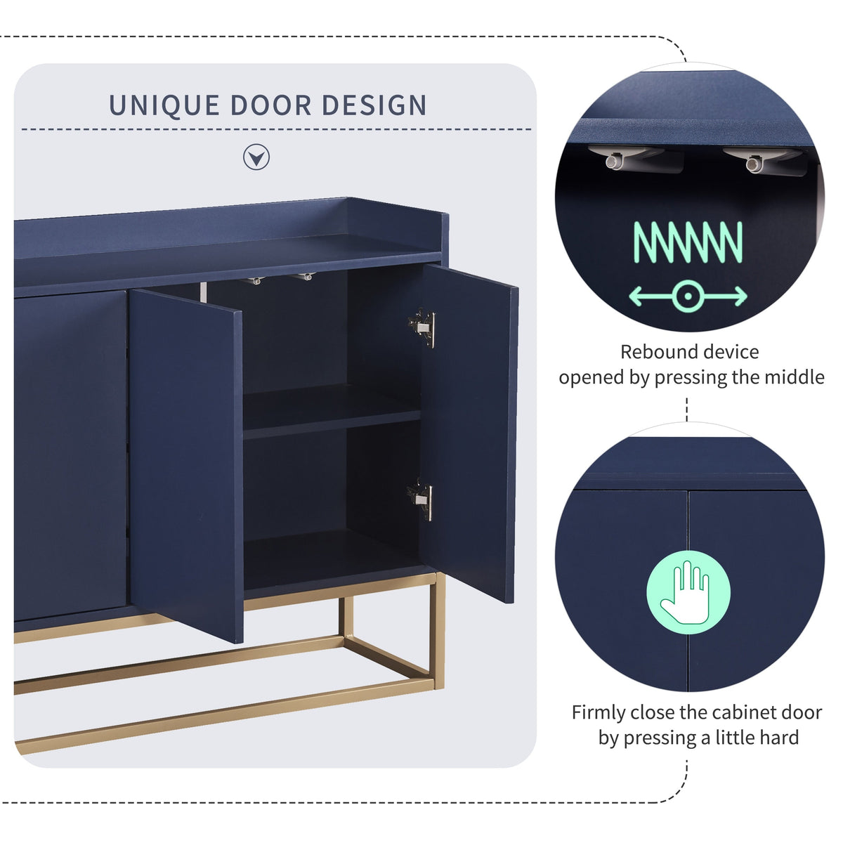 JIMSMAISON This sideboard buffet cabinet features a navy cabinet body with gold metal legs, compact look is very suitable for small space