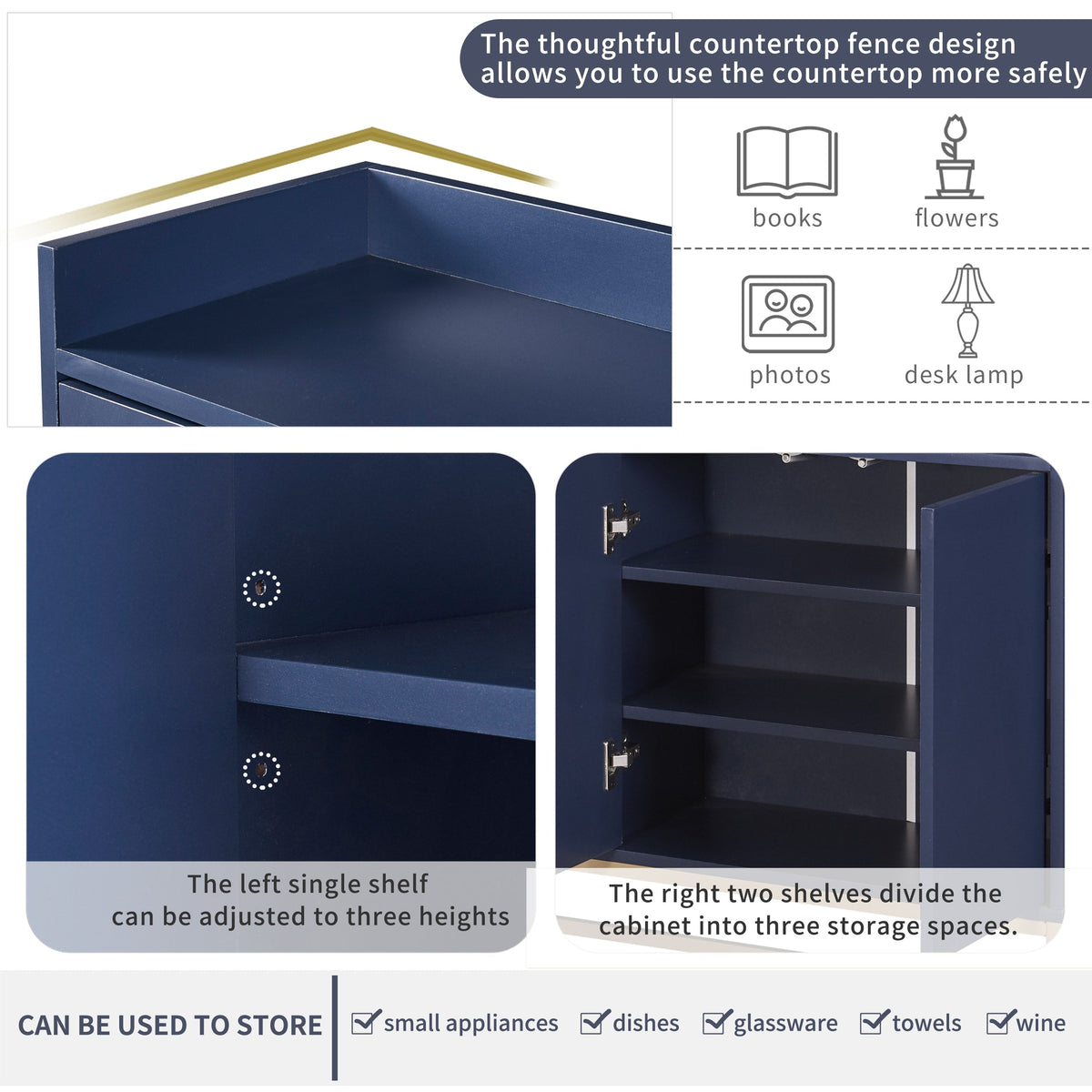 JIMSMAISON This sideboard buffet cabinet features a navy cabinet body with gold metal legs, compact look is very suitable for small space