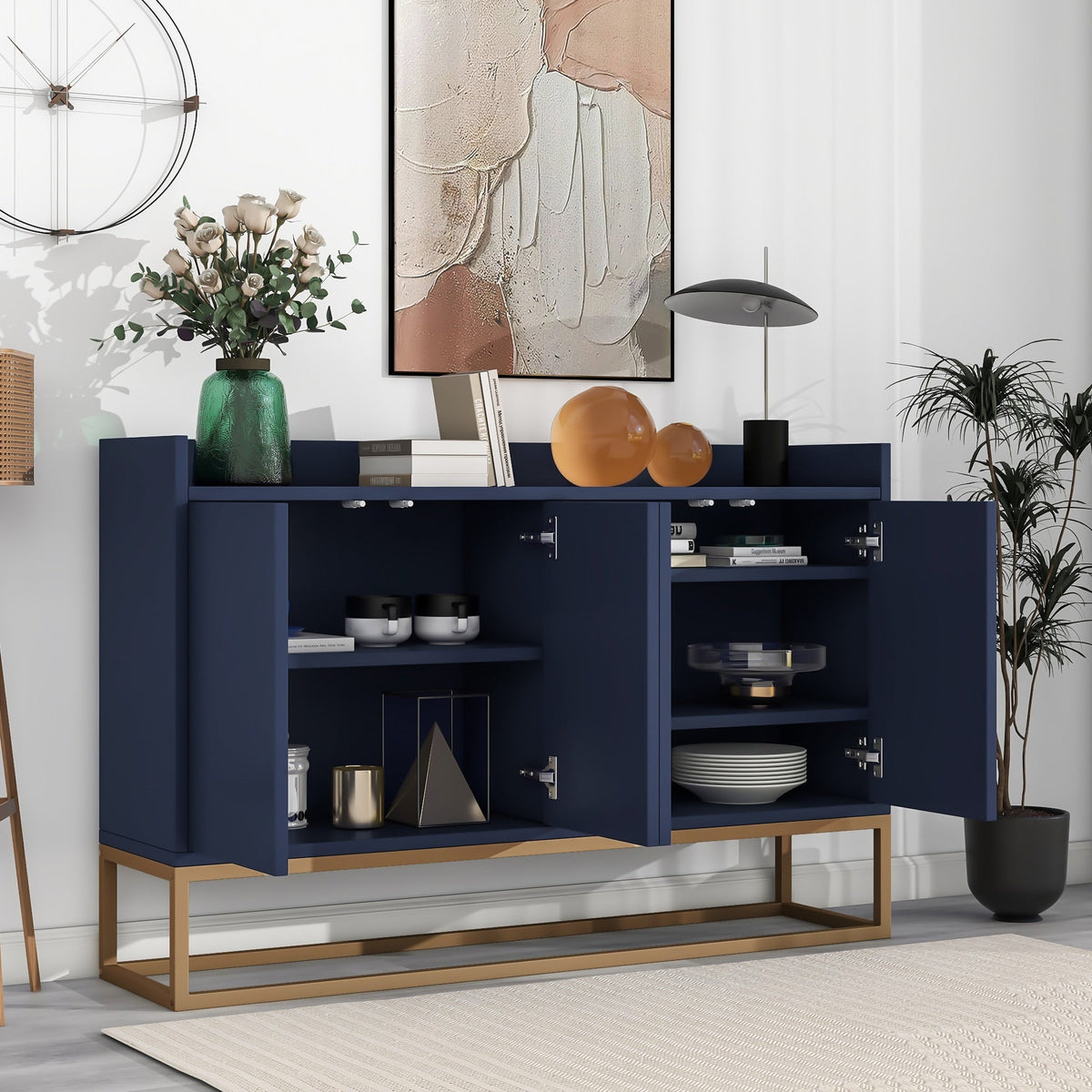 JIMSMAISON This sideboard buffet cabinet features a navy cabinet body with gold metal legs, compact look is very suitable for small space