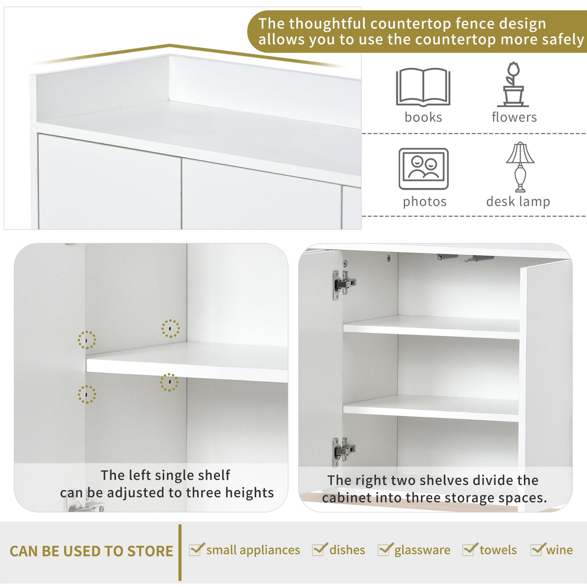 JIMSMAISON This sideboard buffet cabinet features a white cabinet body with gold metal legs, compact look is very suitable for small spaces