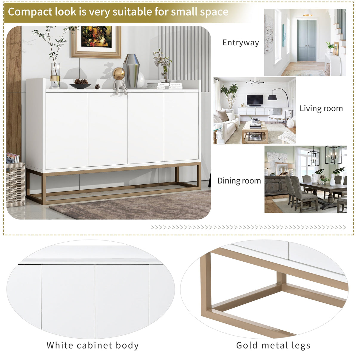 JIMSMAISON This sideboard buffet cabinet features a white cabinet body with gold metal legs, compact look is very suitable for small spaces