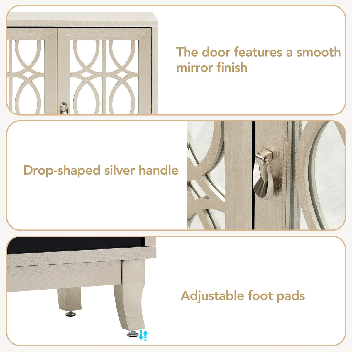 JIMSMAISON Retro yet classic mirrored sideboard, the farmhouse-style cabinet is matched with a drop-shaped silver metal handle, which perfectly integrates modern elements