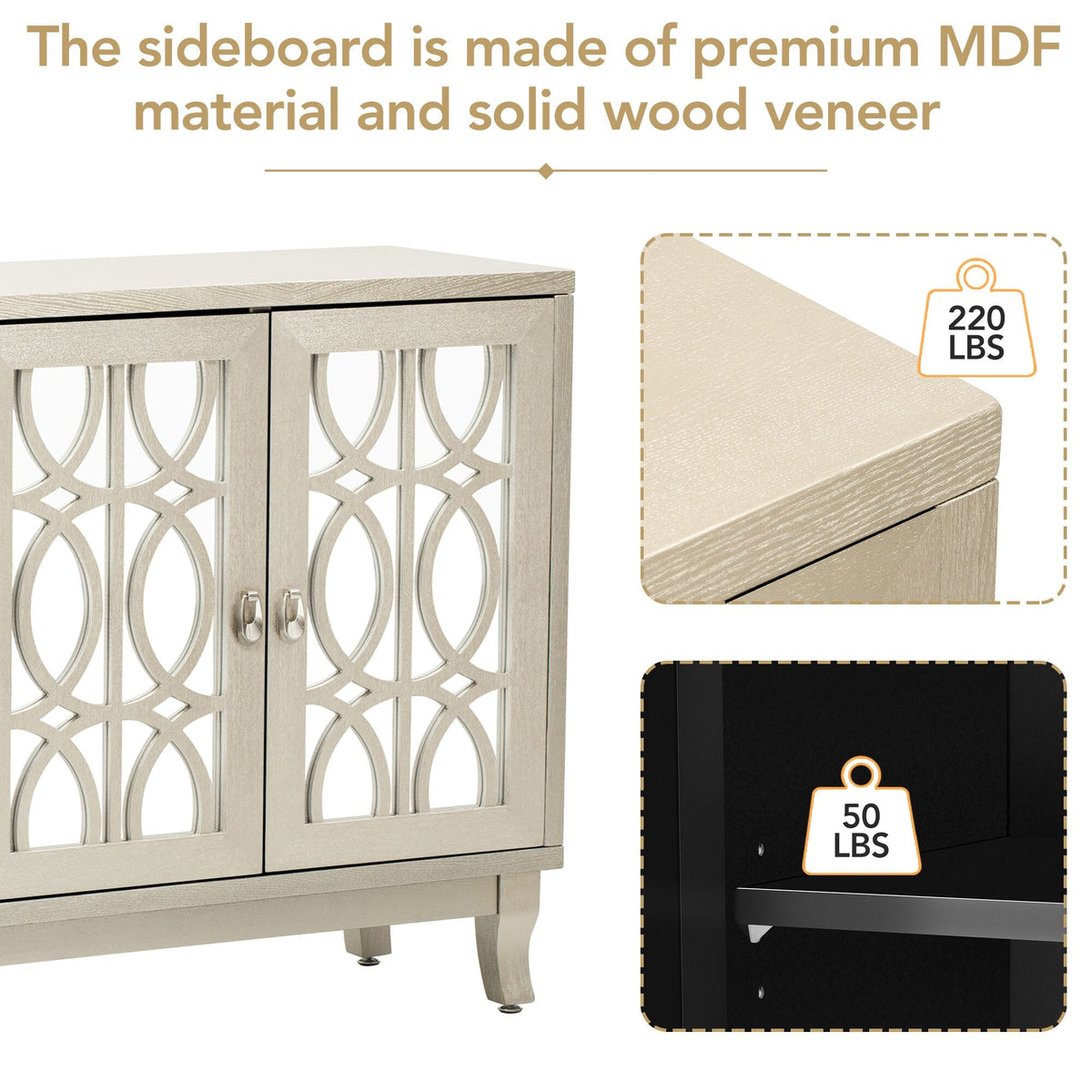 JIMSMAISON Retro yet classic mirrored sideboard, the farmhouse-style cabinet is matched with a drop-shaped silver metal handle, which perfectly integrates modern elements