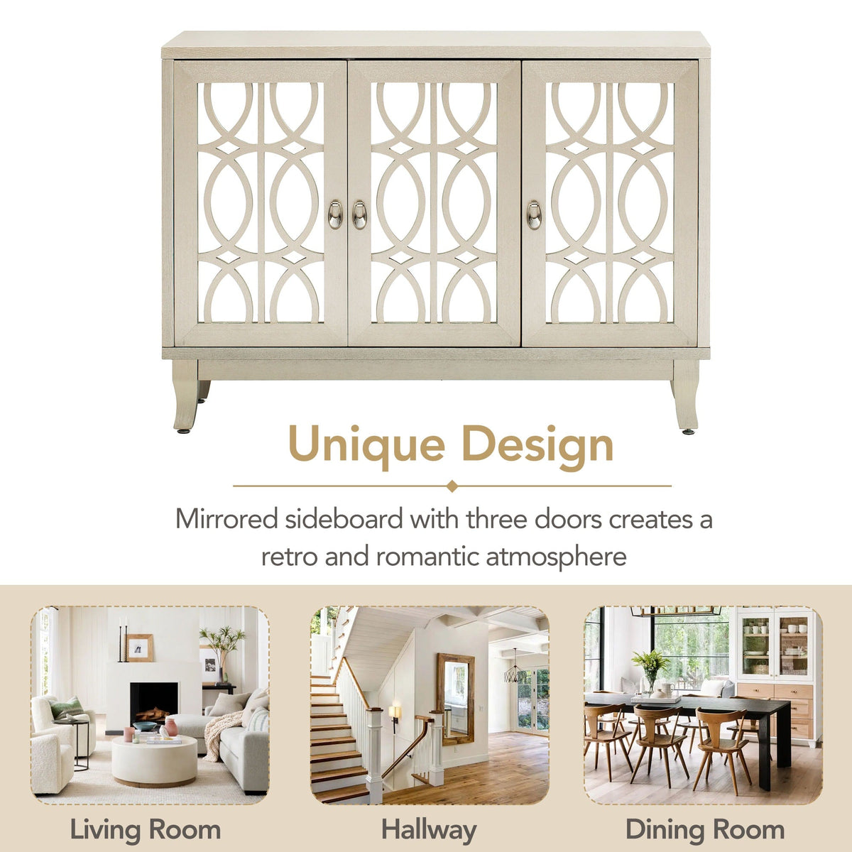 JIMSMAISON Retro yet classic mirrored sideboard, the farmhouse-style cabinet is matched with a drop-shaped silver metal handle, which perfectly integrates modern elements