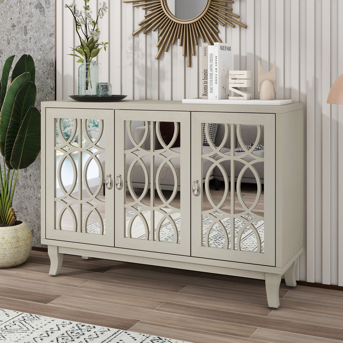 JIMSMAISON Retro yet classic mirrored sideboard, the farmhouse-style cabinet is matched with a drop-shaped silver metal handle, which perfectly integrates modern elements