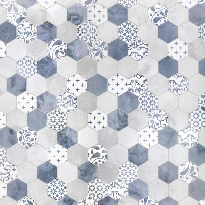 SUNWINGS Honeycomb Blue Cement 11-in x 11-in Matte Composite Cement look Hexagon Peel and stick Mosaic Wall Tile product image
