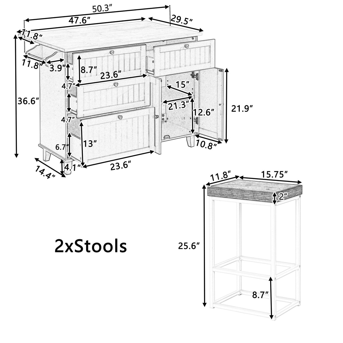 BABOOM Blue Wood Base with Wood Top Kitchen Island (29.5-in x 50.3-in x 36.6-in)