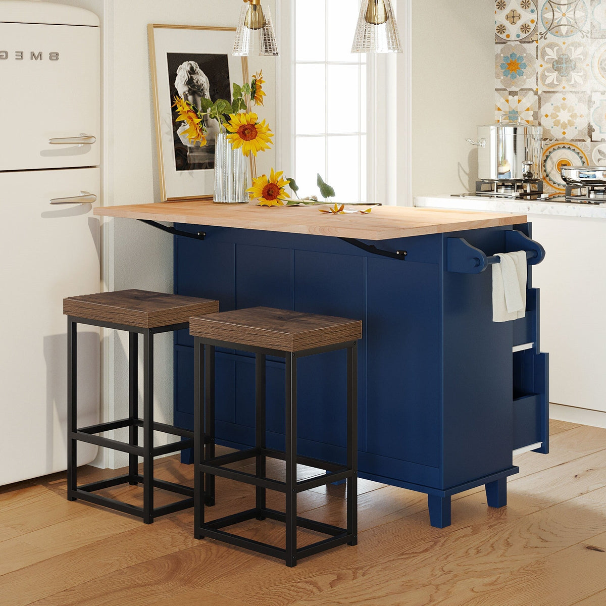 BABOOM Blue Wood Base with Wood Top Kitchen Island (29.5-in x 50.3-in x 36.6-in)