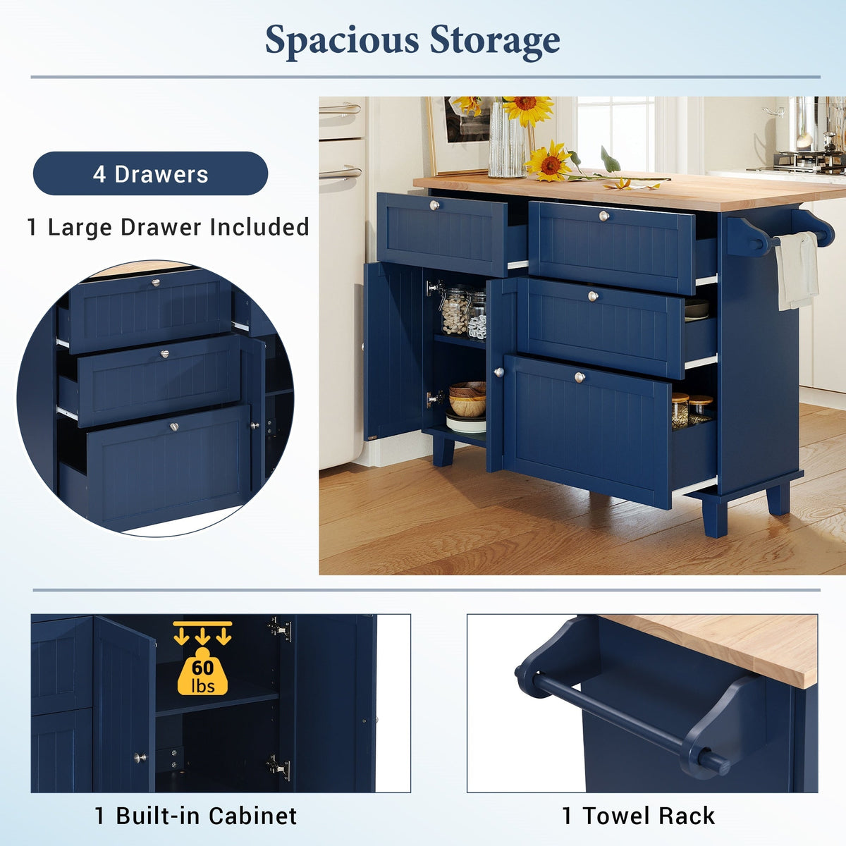 BABOOM Blue Wood Base with Wood Top Kitchen Island (29.5-in x 50.3-in x 36.6-in)