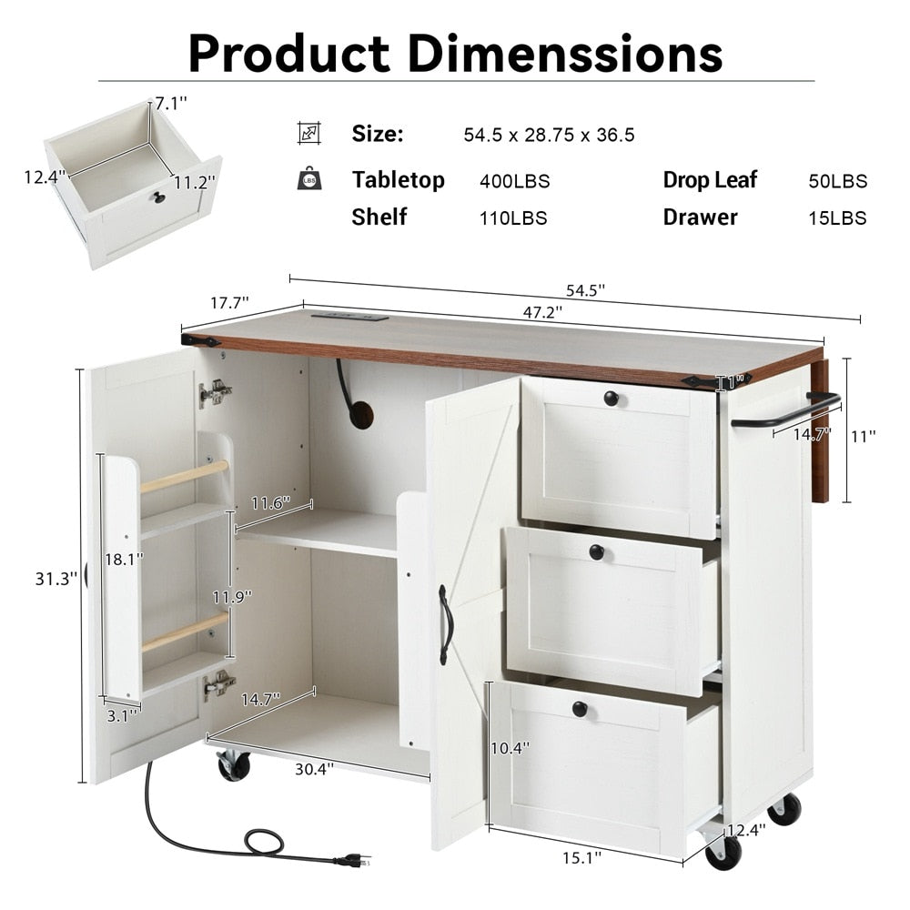 Runesay White Mdf Base with Mdf Wood Top Rolling Kitchen Island (28.75-in x 54.5-in x 36.5-in)