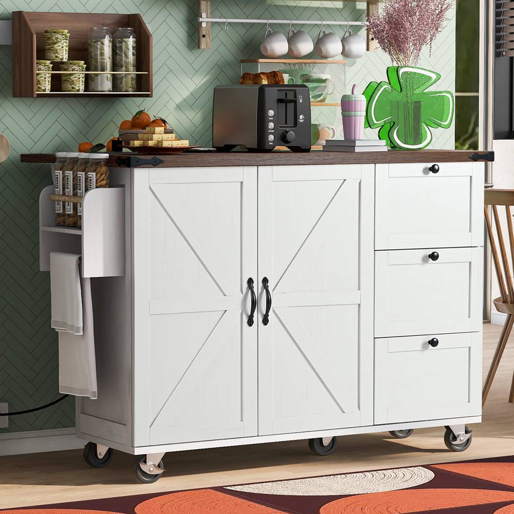Runesay White Mdf Base with Mdf Wood Top Rolling Kitchen Island (28.75-in x 54.5-in x 36.5-in)