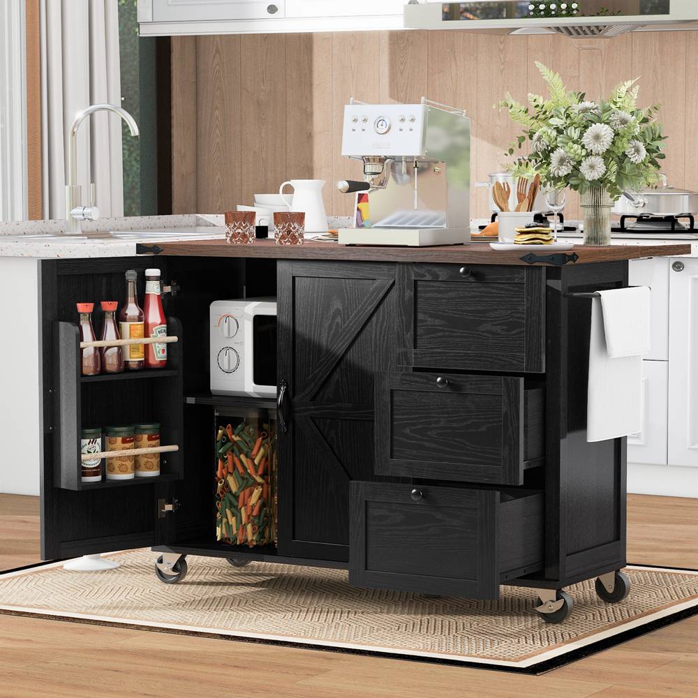 Runesay Black Mdf Base with Mdf Wood Top Rolling Kitchen Island (28.75-in x 54.5-in x 36.5-in)
