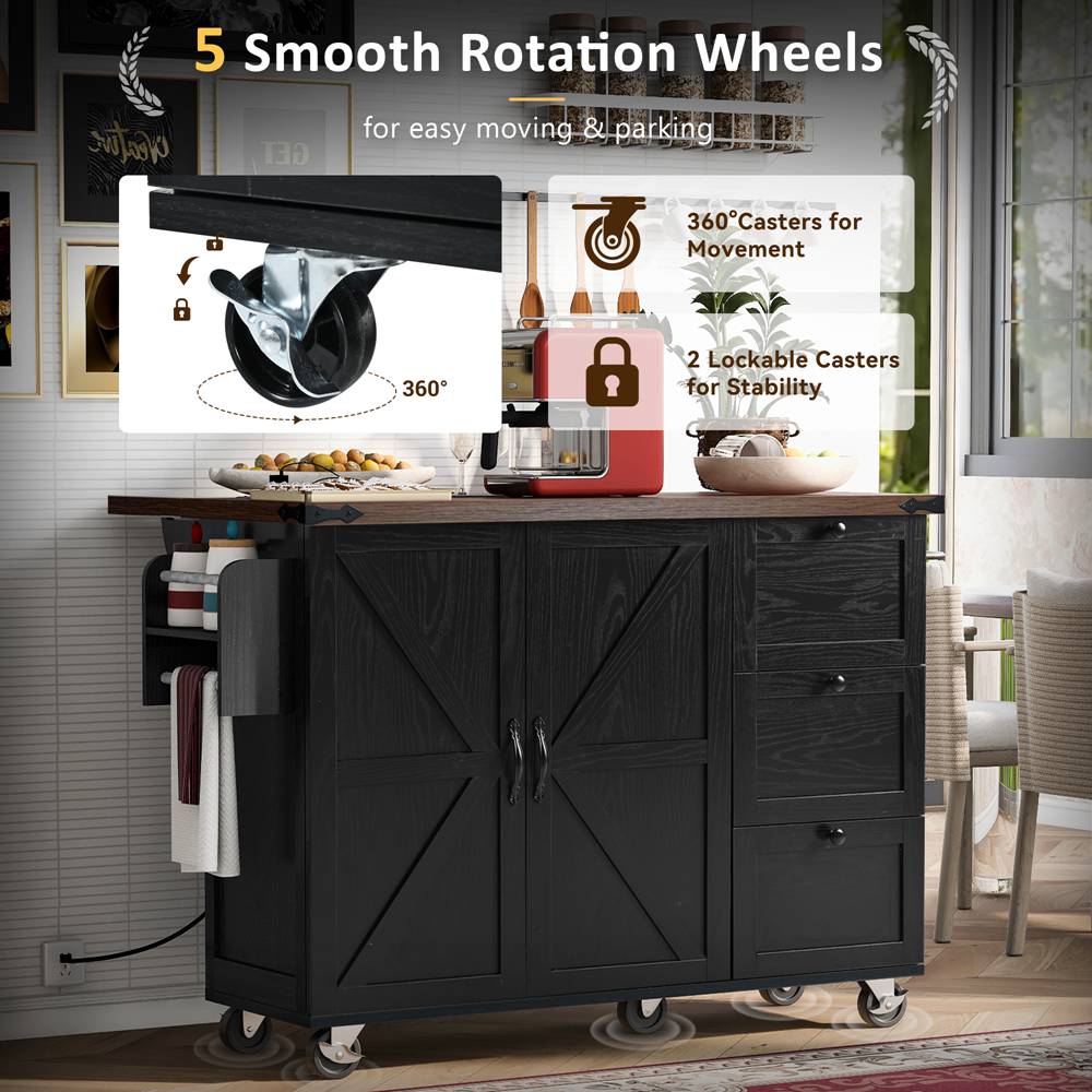 Runesay Black Mdf Base with Mdf Wood Top Rolling Kitchen Island (28.75-in x 54.5-in x 36.5-in)