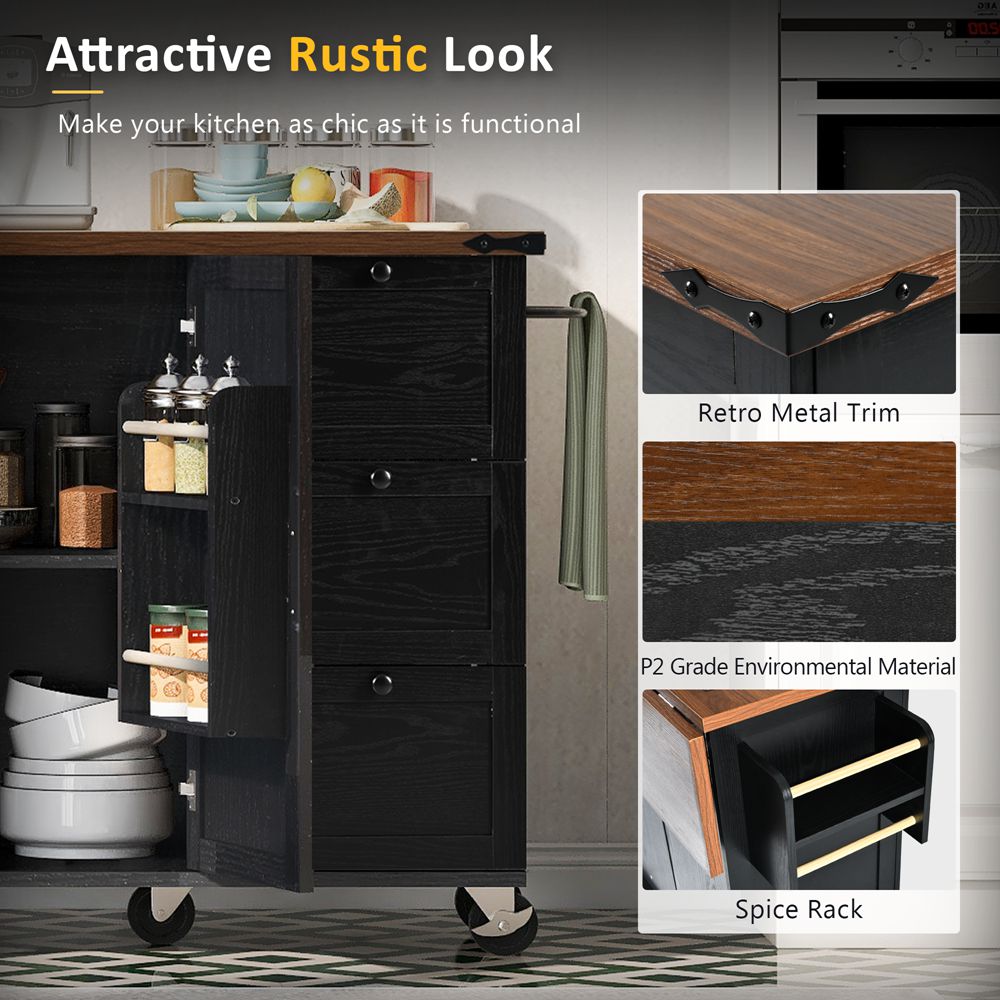 Runesay Black Mdf Base with Mdf Wood Top Rolling Kitchen Island (28.75-in x 54.5-in x 36.5-in)