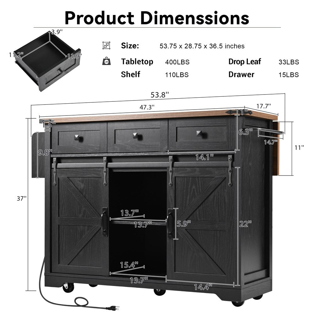 Runesay Black Mdf Base with Mdf Wood Top Rolling Kitchen Island (28.75-in x 53.75-in x 36.5-in)