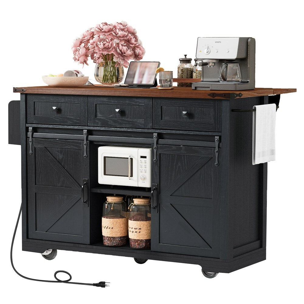 Runesay Black Mdf Base with Mdf Wood Top Rolling Kitchen Island (28.75-in x 53.75-in x 36.5-in)
