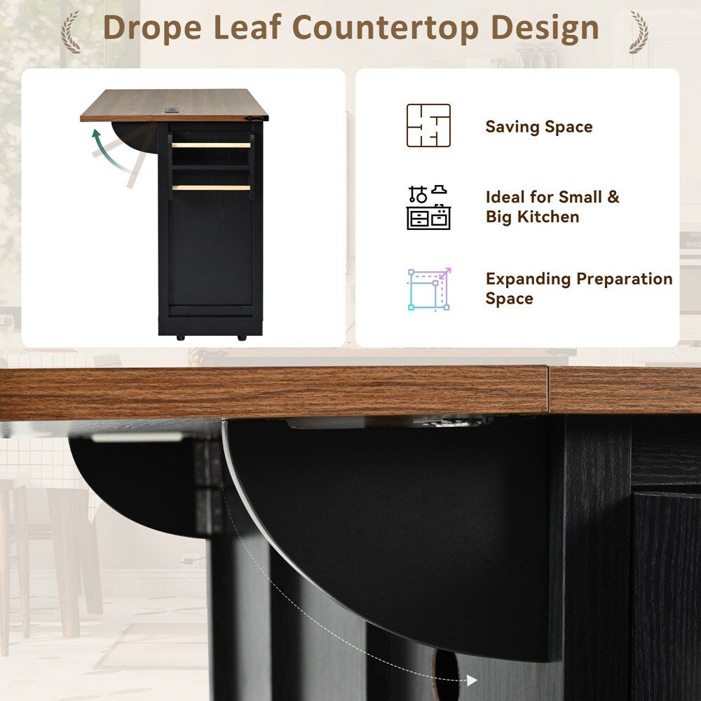 Runesay Black Mdf Base with Mdf Wood Top Rolling Kitchen Island (28.75-in x 53.75-in x 36.5-in)