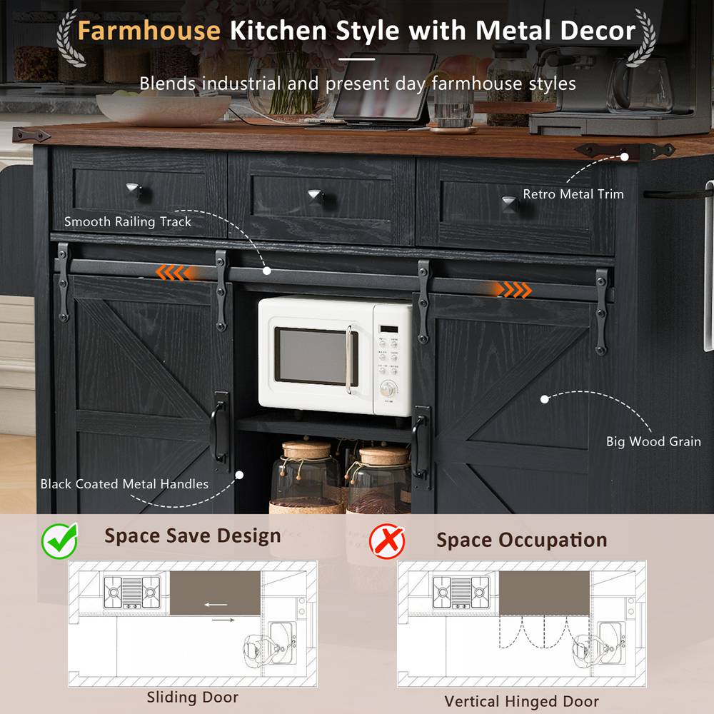 Runesay Black Mdf Base with Mdf Wood Top Rolling Kitchen Island (28.75-in x 53.75-in x 36.5-in)