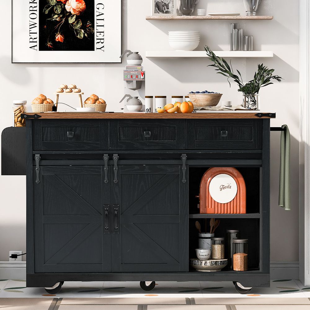 Runesay Black Mdf Base with Mdf Wood Top Rolling Kitchen Island (28.75-in x 53.75-in x 36.5-in)