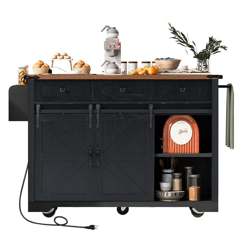 Runesay Black Mdf Base with Mdf Wood Top Rolling Kitchen Island (28.75-in x 53.75-in x 36.5-in)